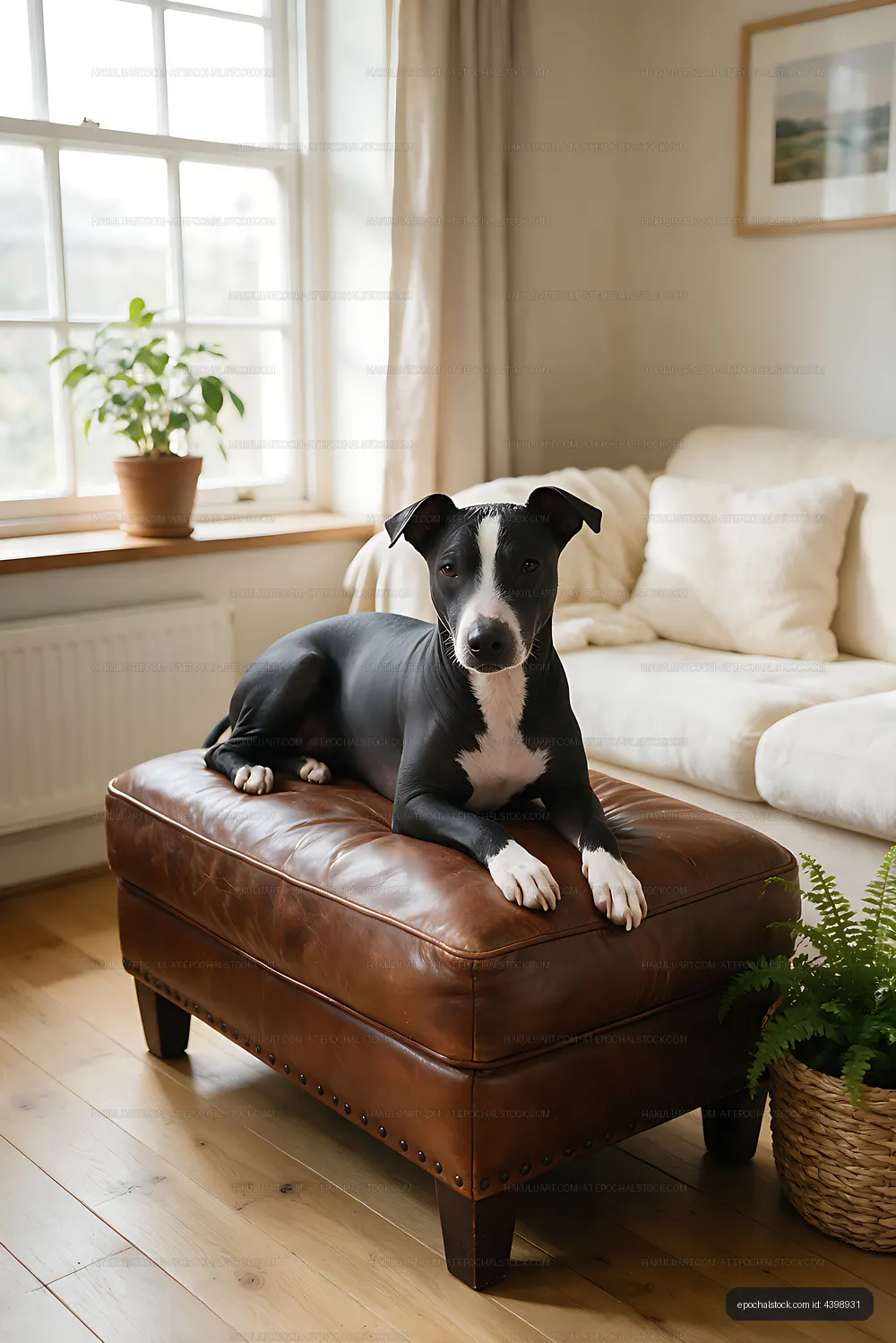 Dog resting on leather ottoman in a bright living room