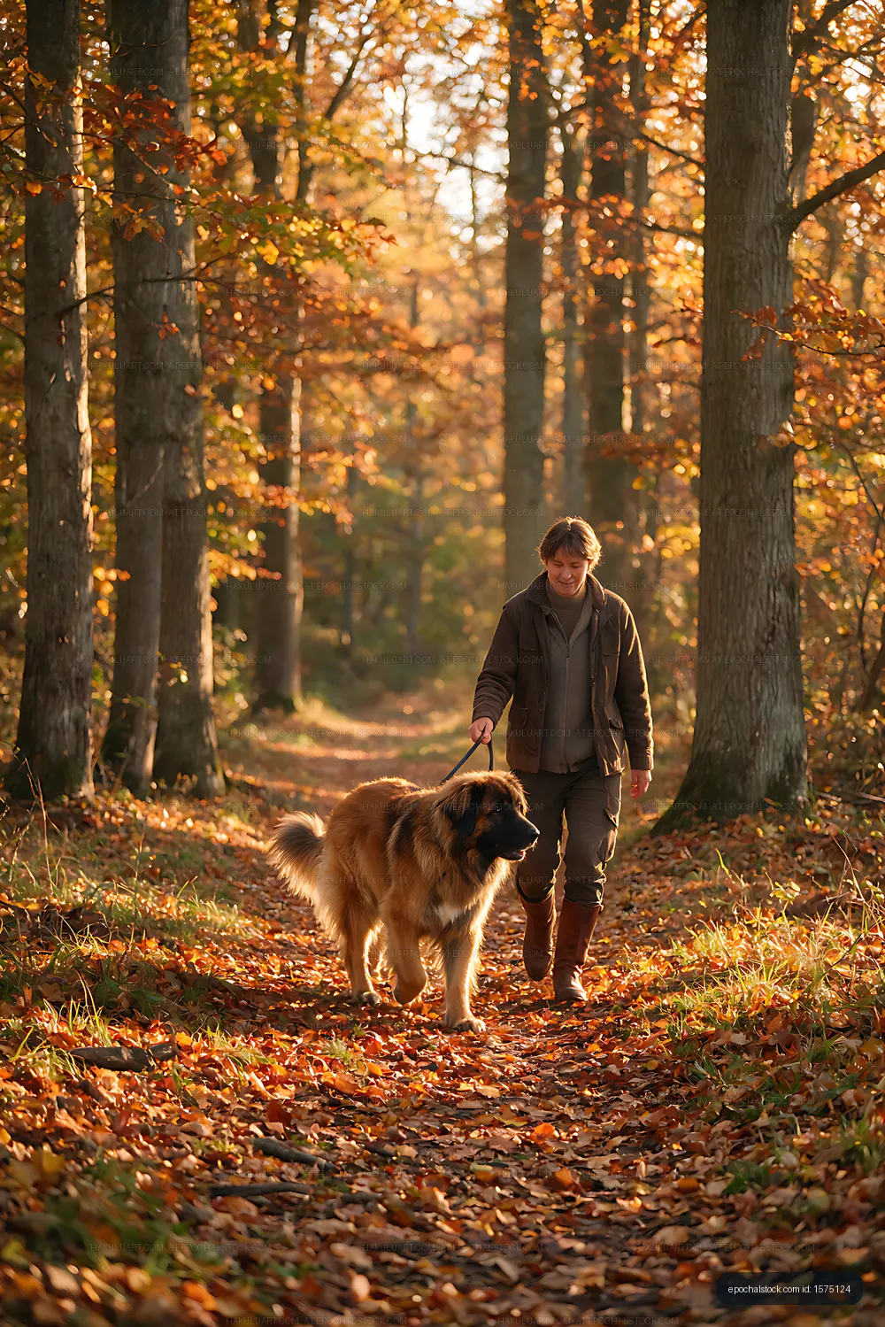 Dog and owner on a sunlit autumn forest path