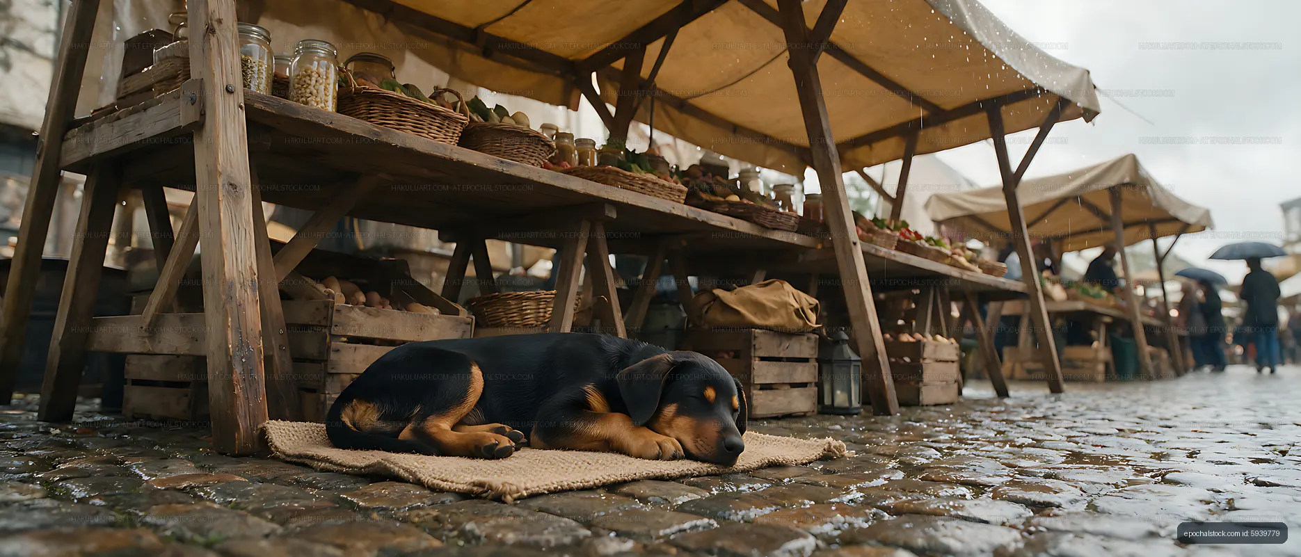 Puppy resting under a wooden stall at a rainy market