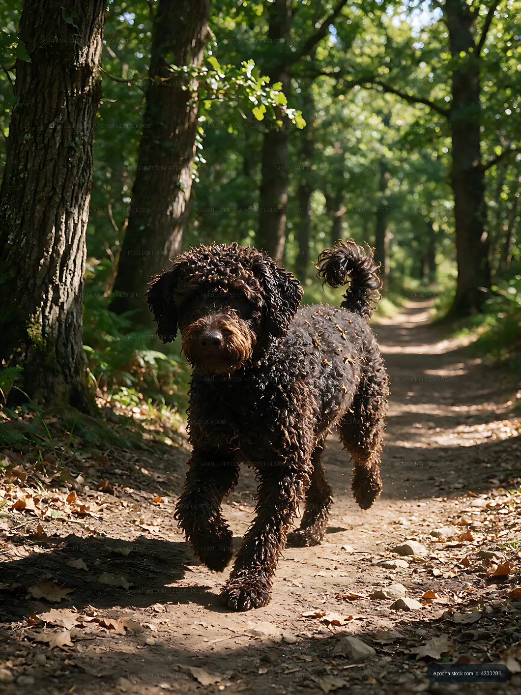 Curly coated dog on a wooded trail