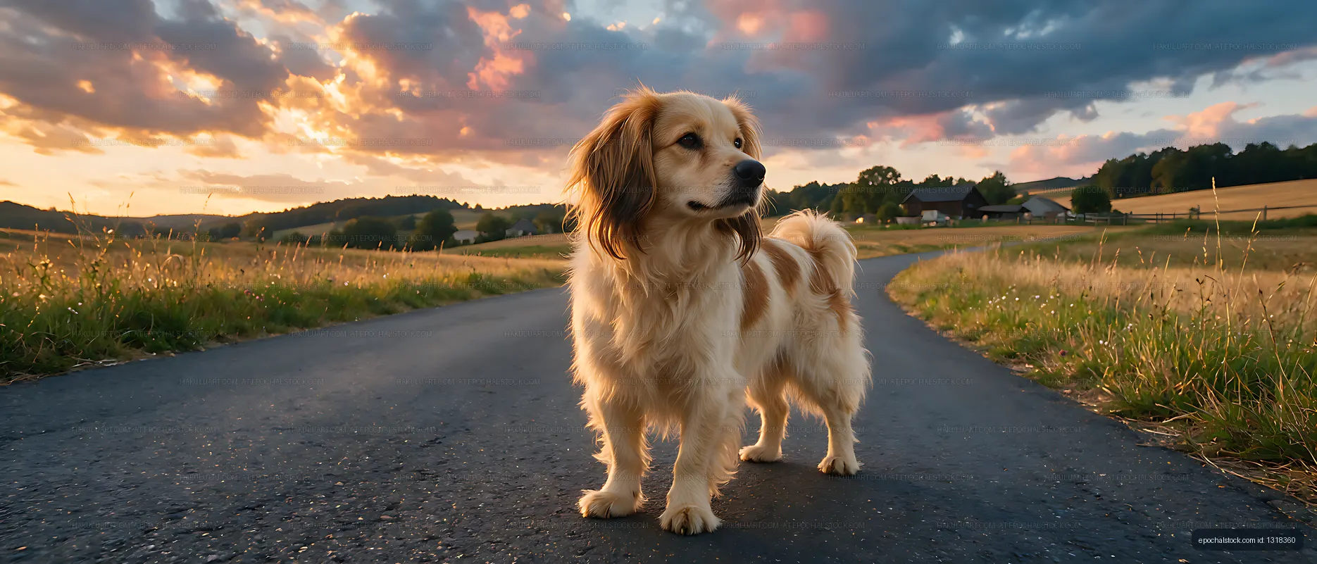 Brown and white long-haired dog on country road