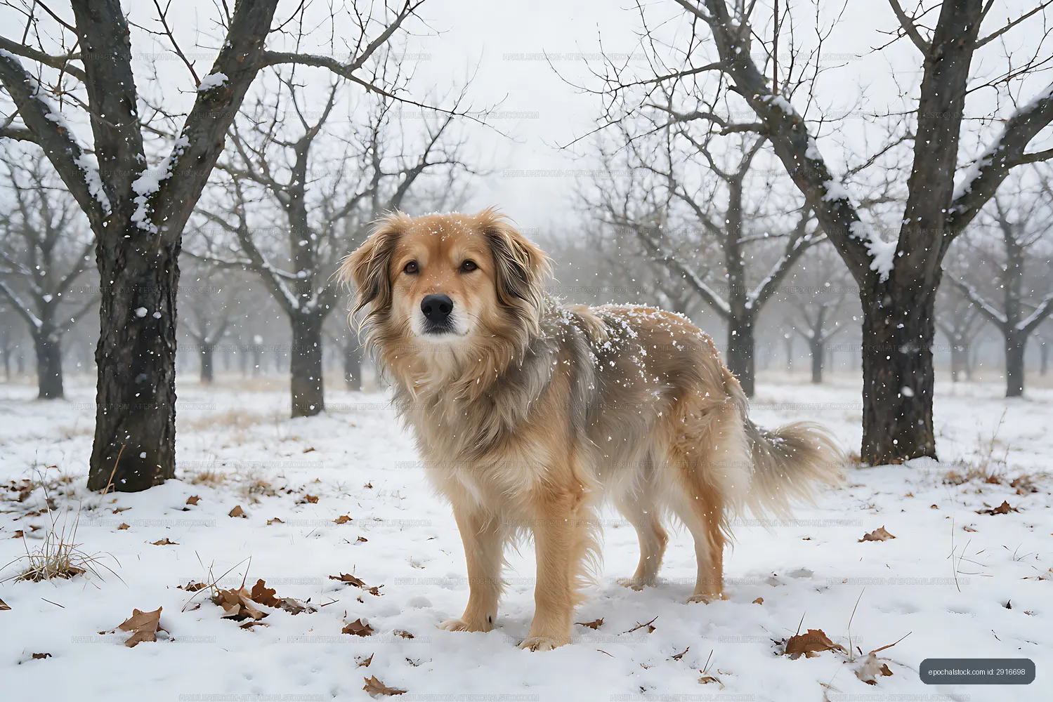 Tan long-haired dog portrait in a winter orchard
