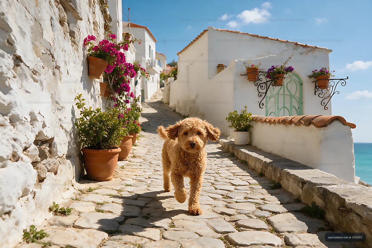 Curly-coated dog walking beside whitewashed homes