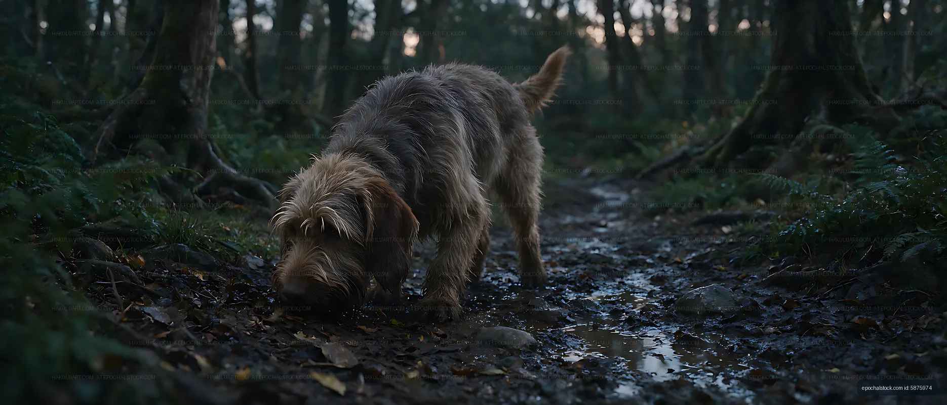 Dog investigating puddles on a forest path