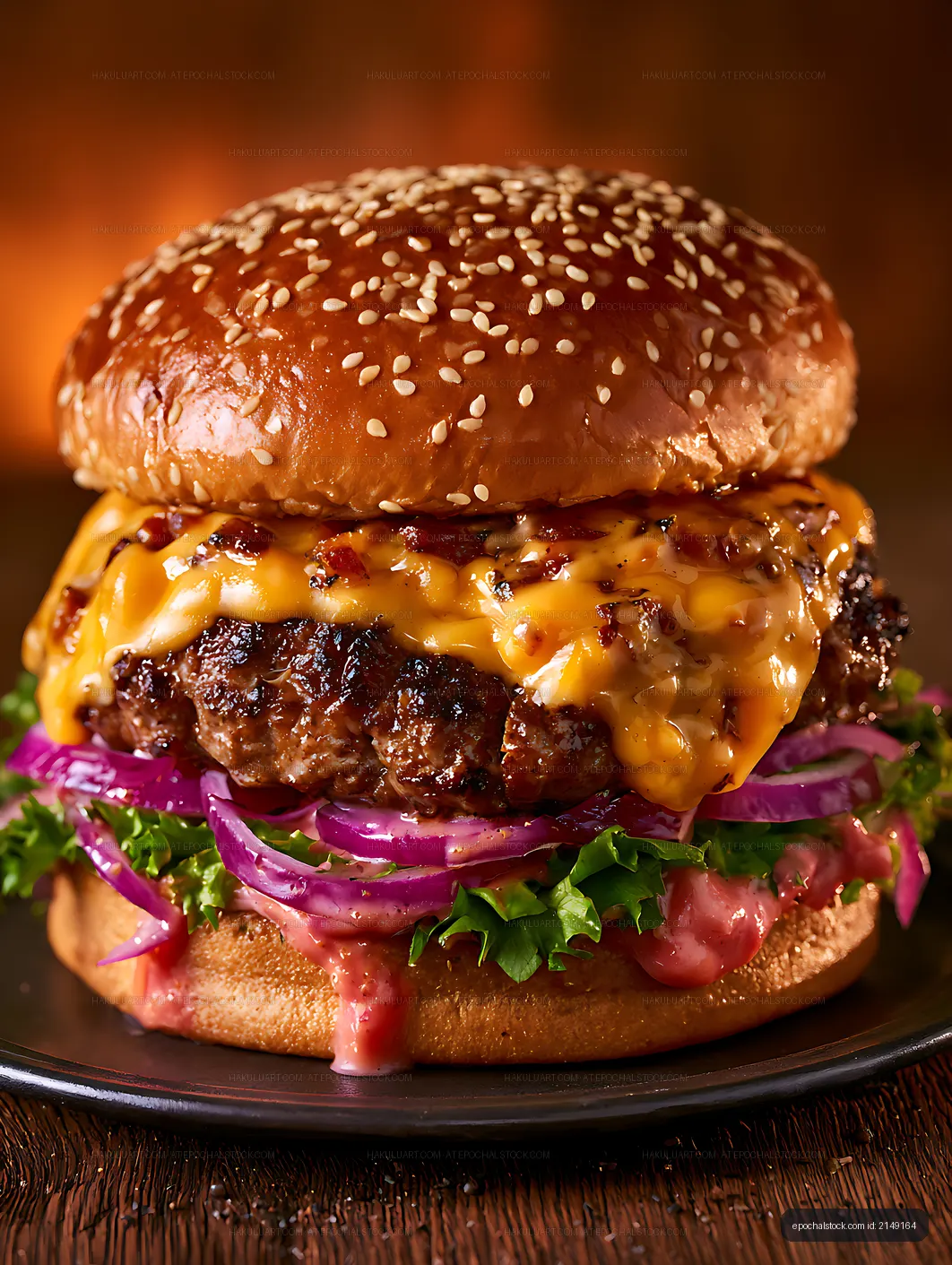 Juicy gourmet cheeseburger on a dark plate