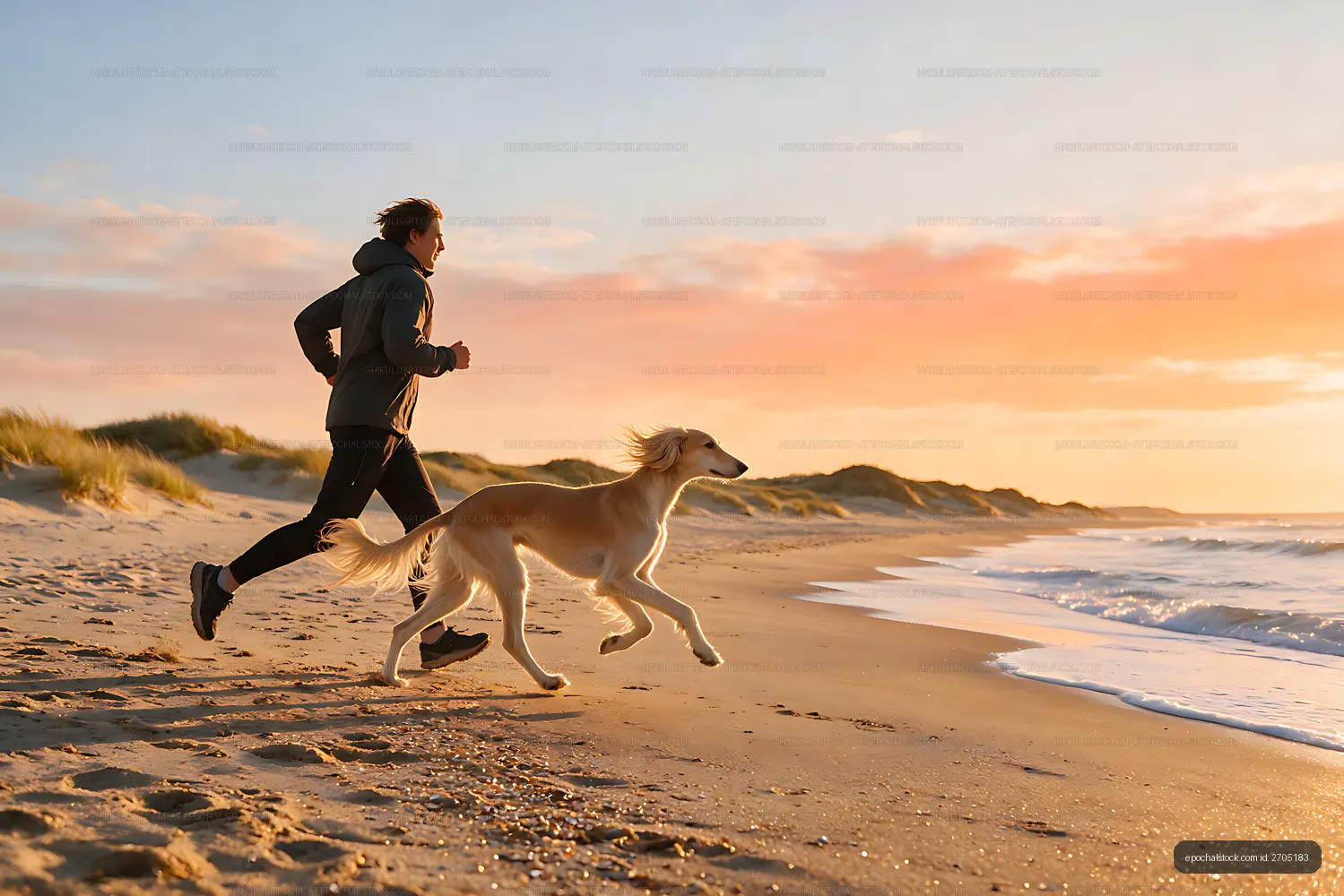 Owner and long-haired dog running along a sunset beach