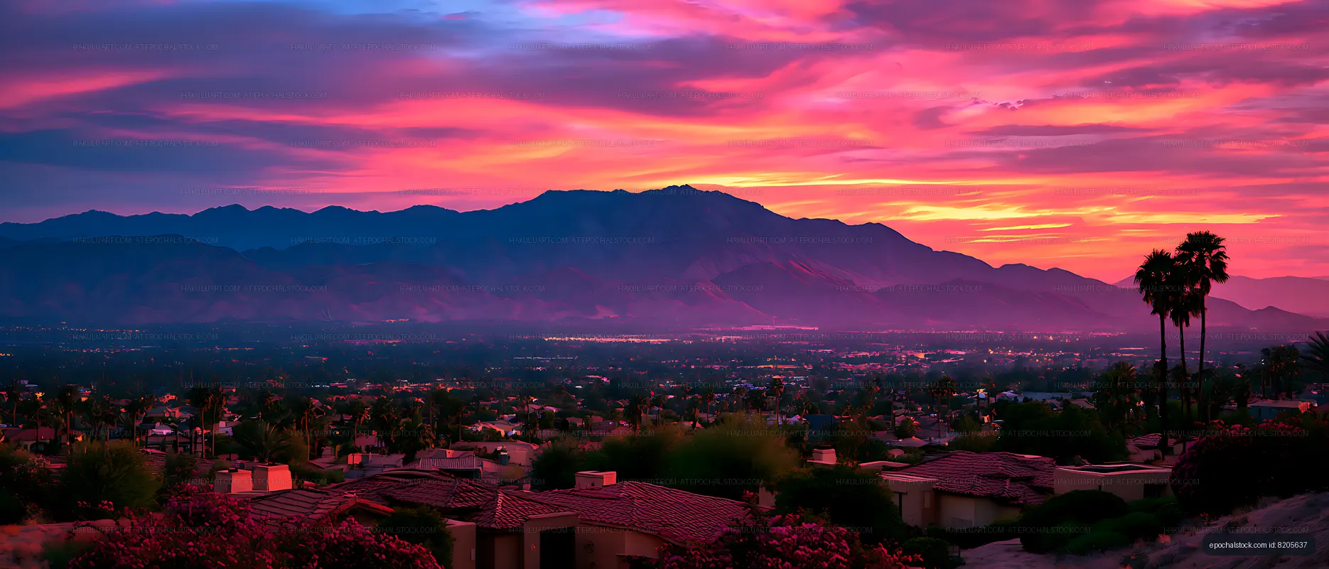 Vivid sunset sky over a mountain valley neighborhood