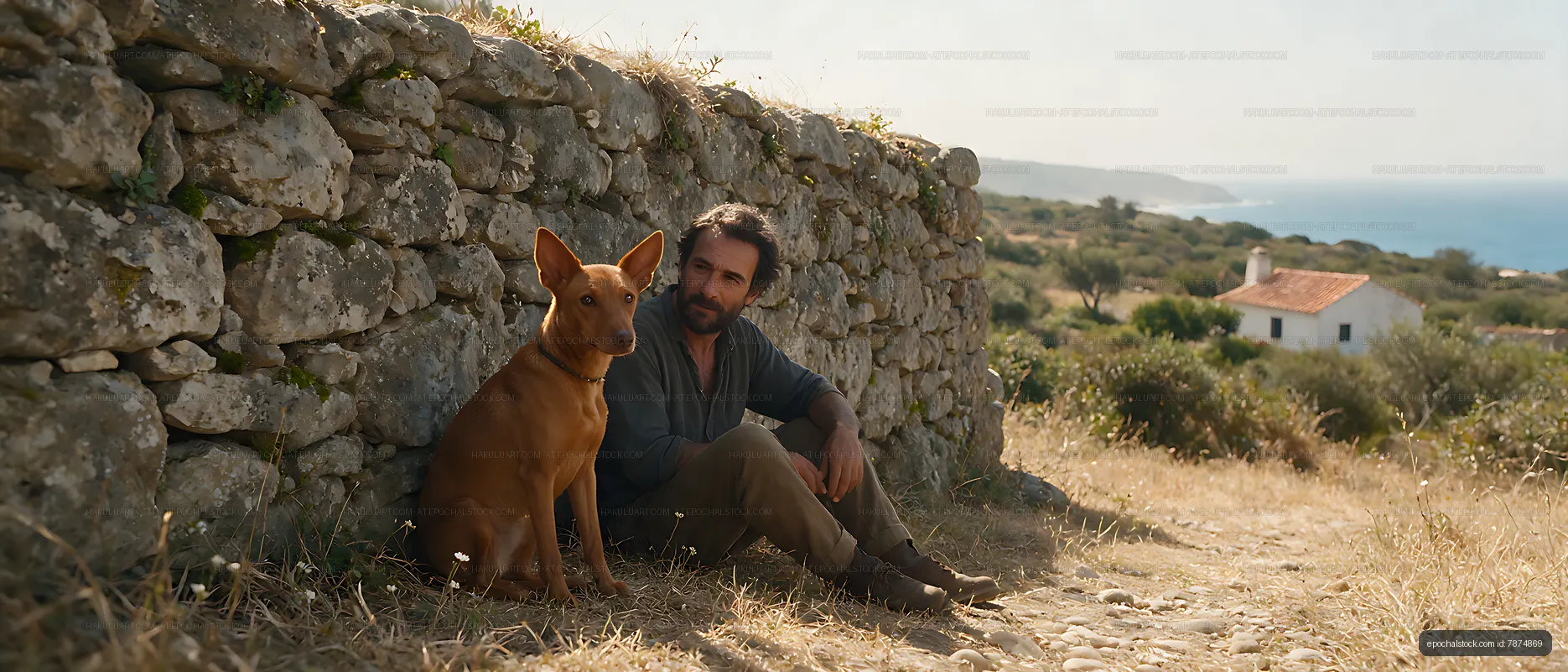 Man and distinctive dog overlooking a coastal landscape