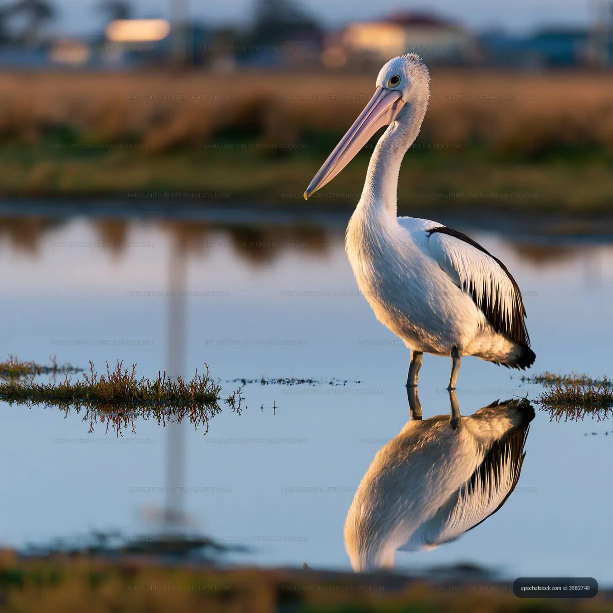 Australian pelican in shallow lagoon at warm sunset light