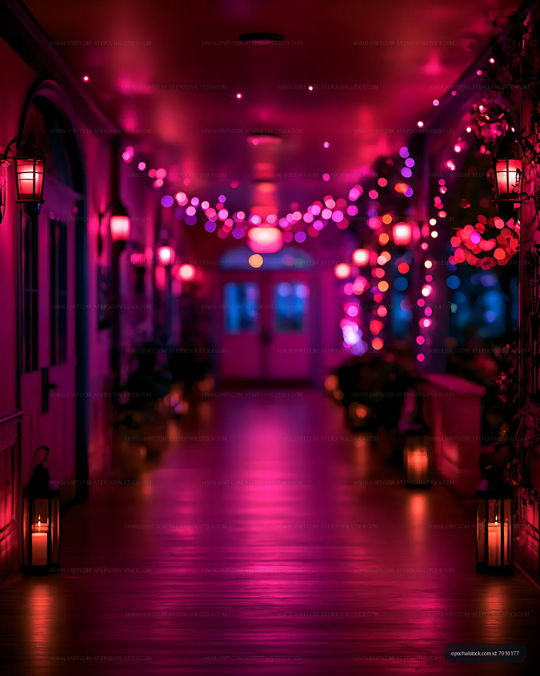Empty neon pink corridor with lanterns and blurred lights