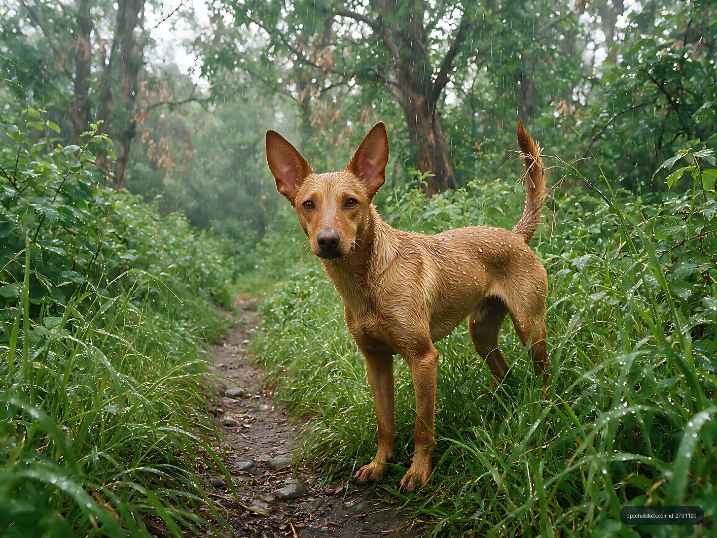 Alert dog in rainy forest vegetation