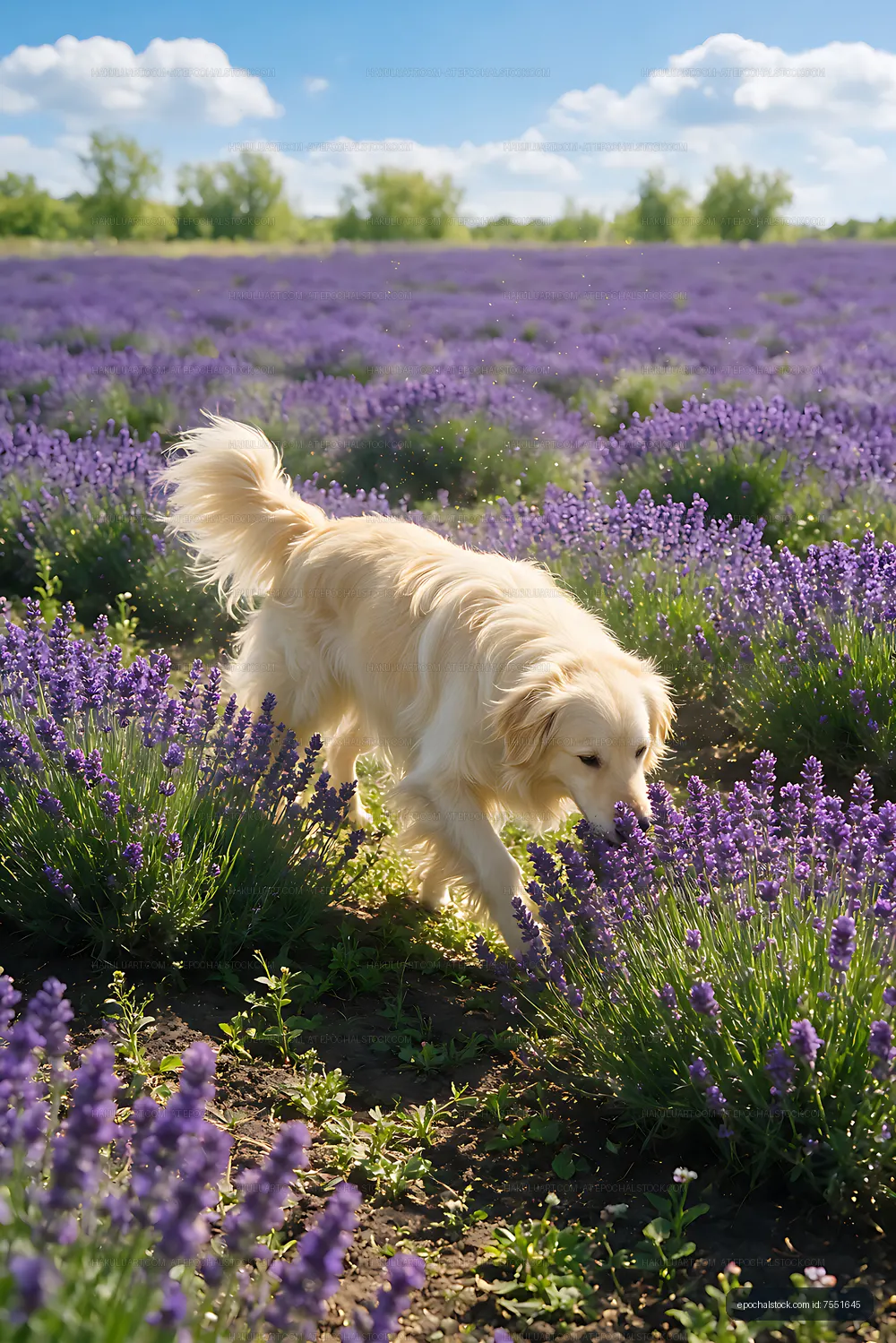 Long-haired dog exploring a purple flower field