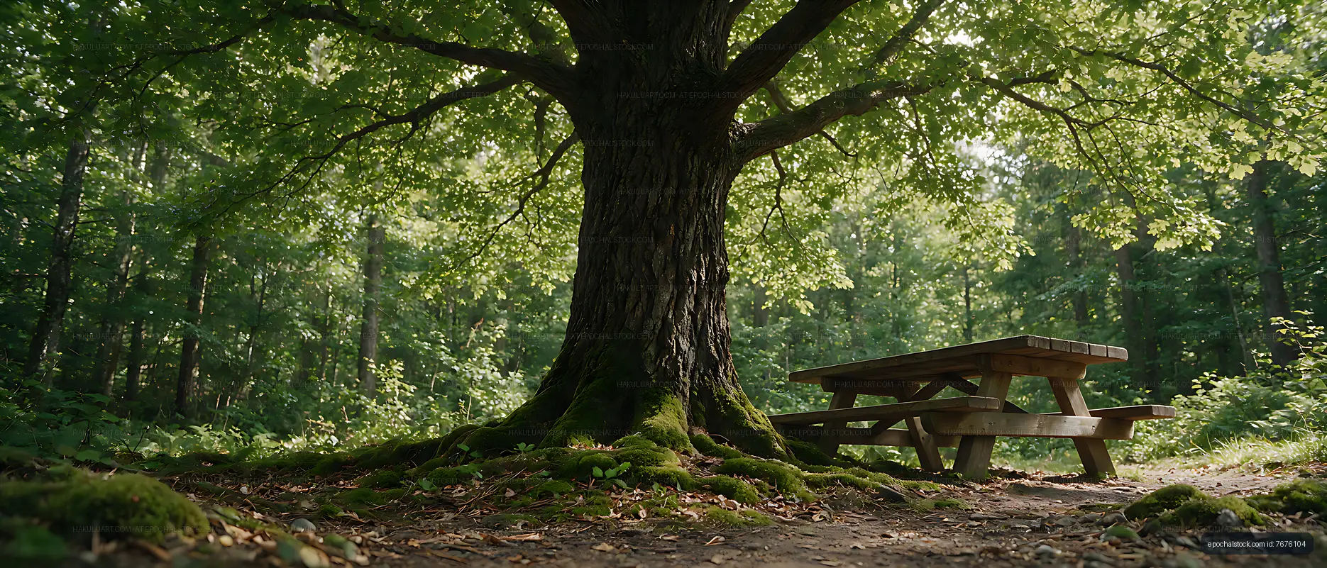 Forest picnic table beneath a large shade tree