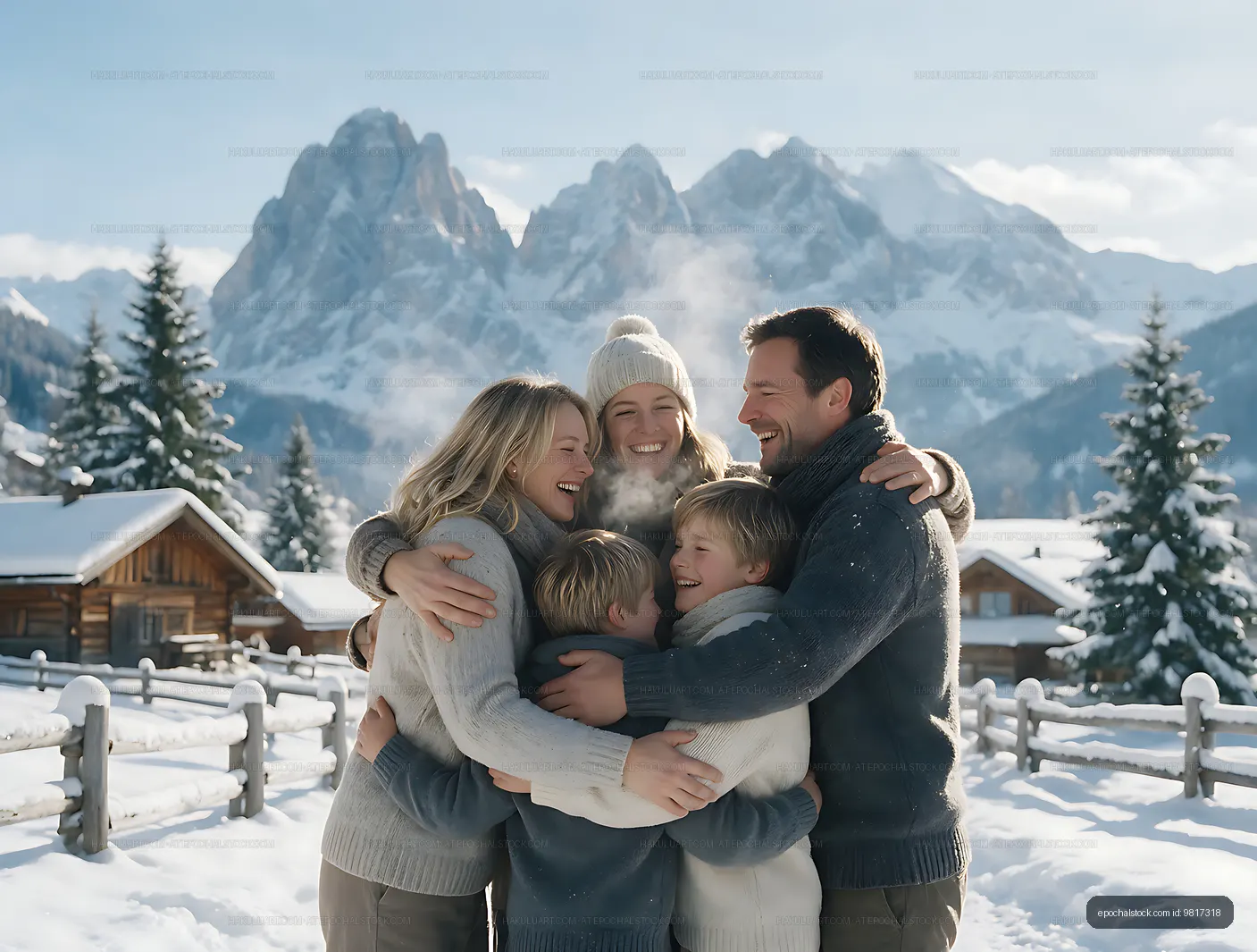 Family of five embracing in snowy mountain setting