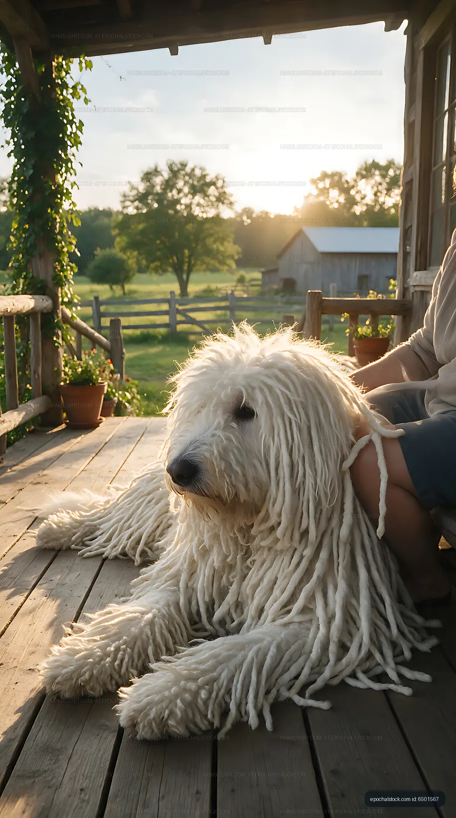 Long-haired white dog beside owner on country porch