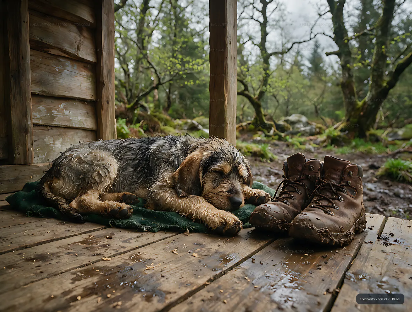 Sleeping shaggy puppy with hiking boots in a woodland setting