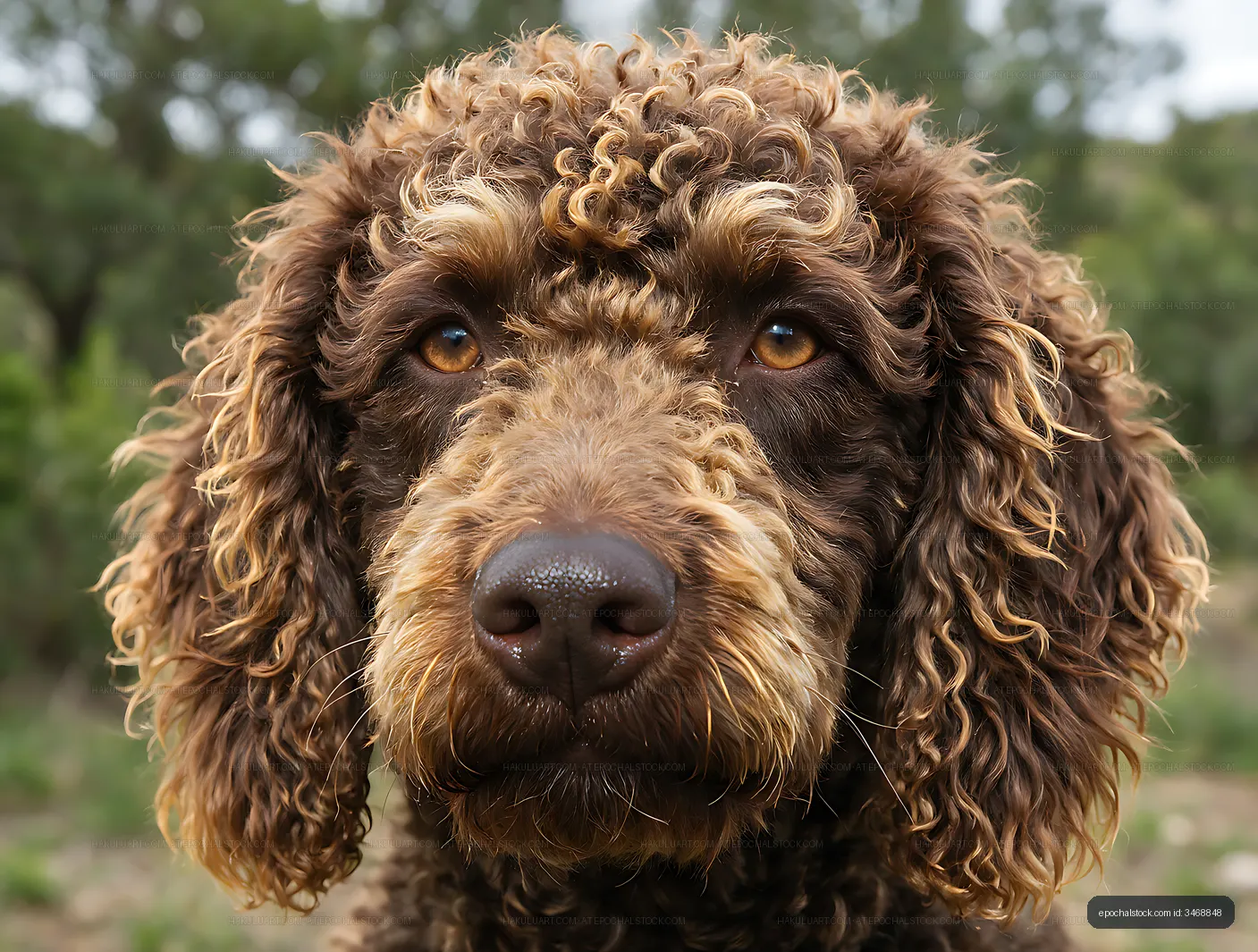 Curly-coated brown dog in outdoor close-up