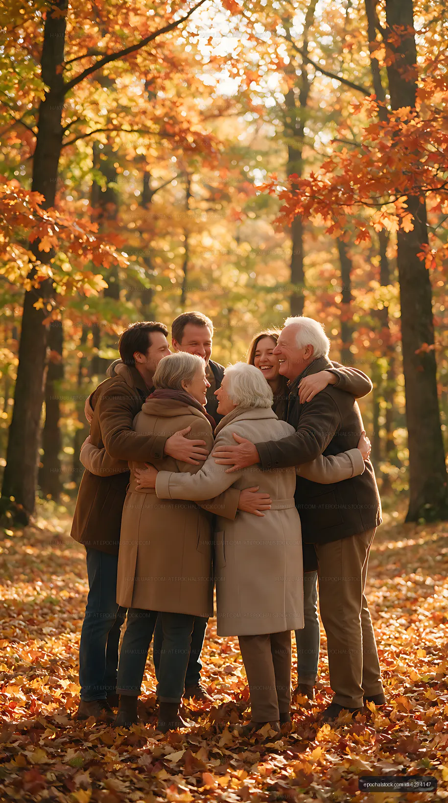 Six family members embracing in a sunlit autumn forest