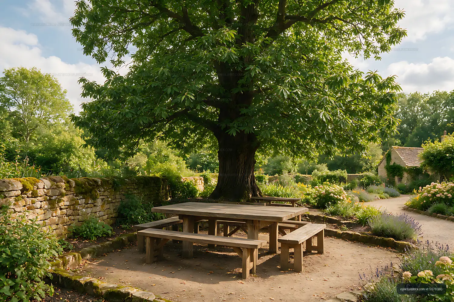 Peaceful garden picnic table under a mature shade tree