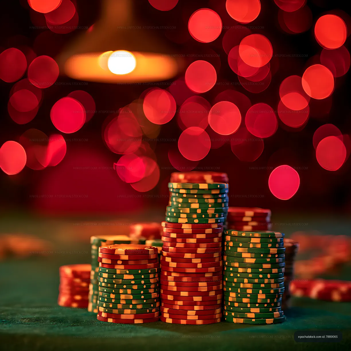 Red and green casino chip stacks with warm bokeh