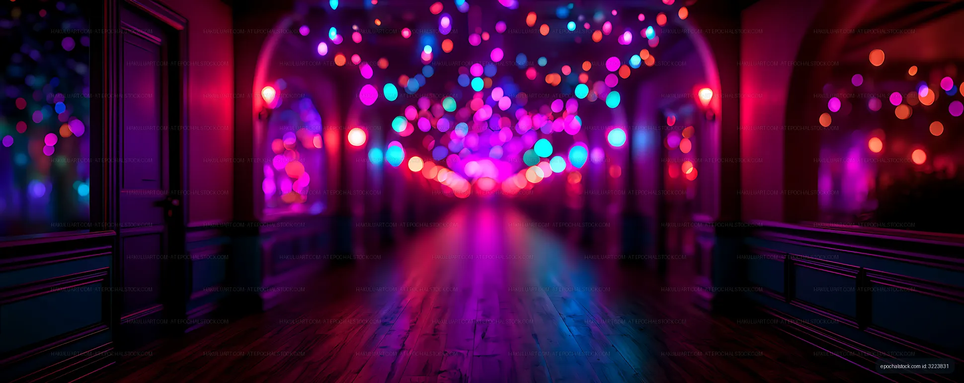 Vibrant neon bokeh reflections in an empty hallway