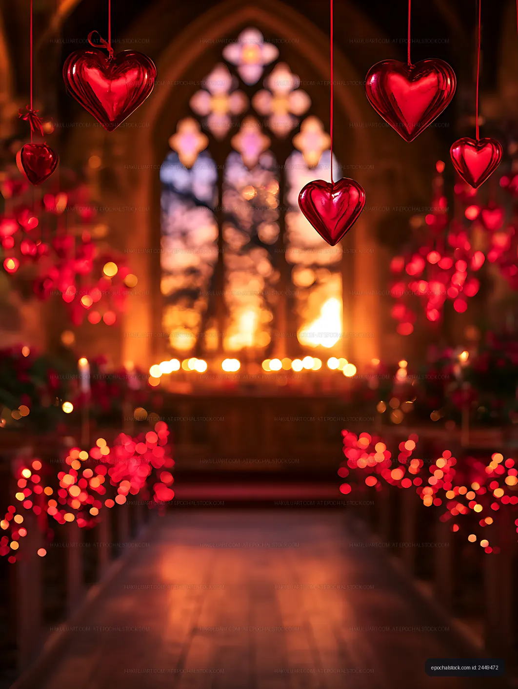 Red heart ornaments glowing over a romantic light-filled walkway