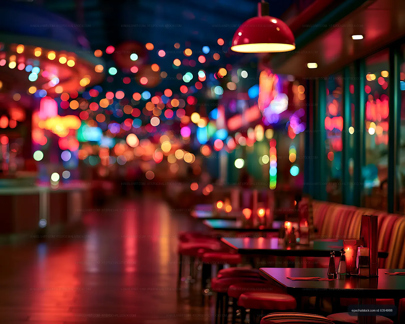 Atmospheric restaurant dining room illuminated by neon bokeh