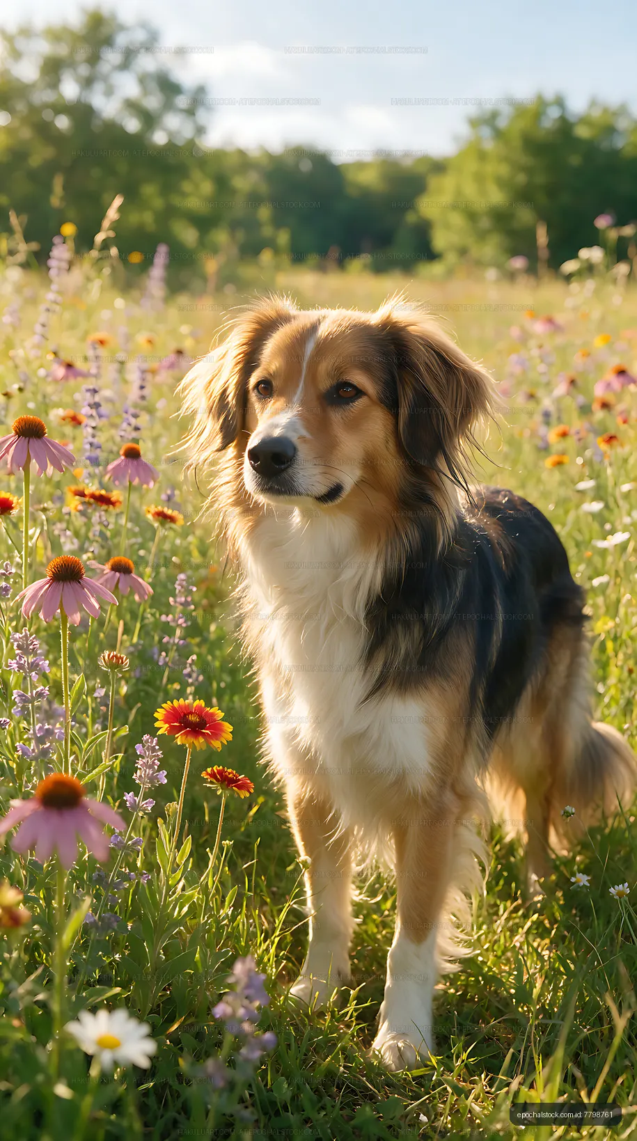 Attentive long-haired dog in a flowering meadow