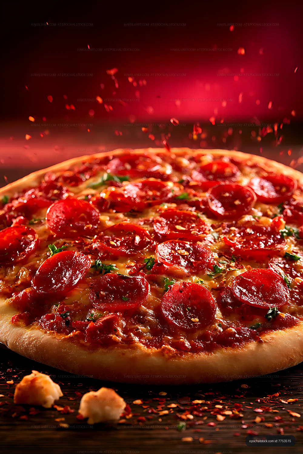 Close-up pepperoni pizza with herbs and melted cheese