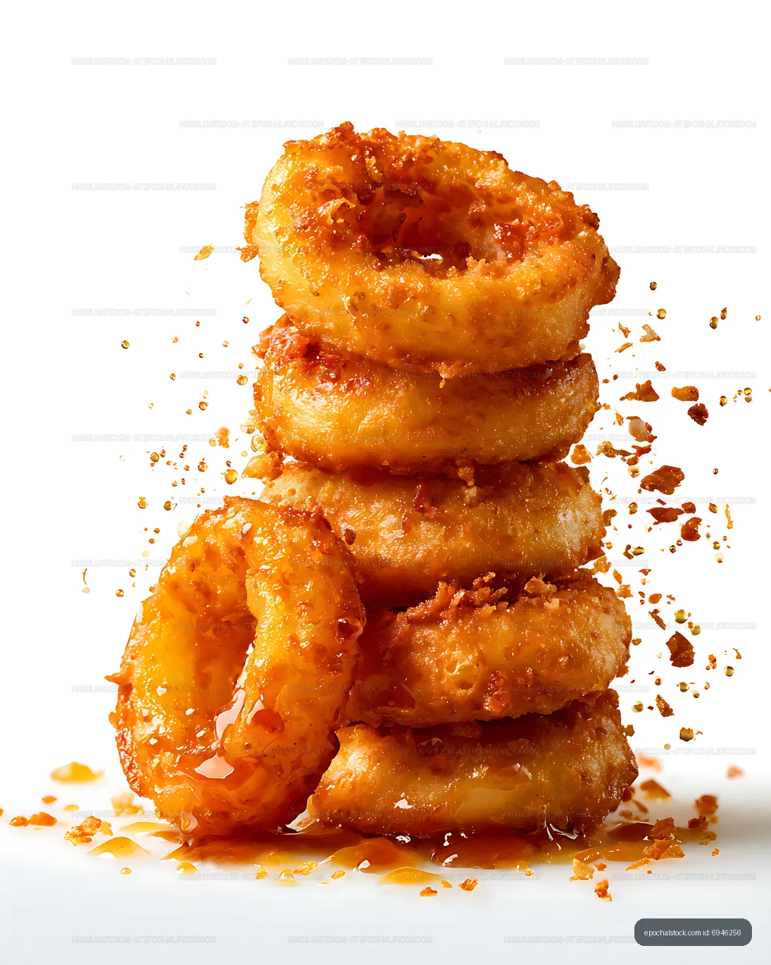 Glossy golden pastry stack with scattered crumbs