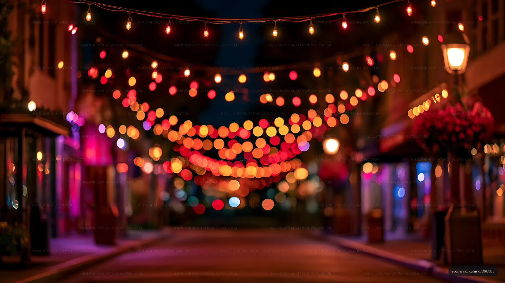 Vibrant night street decorated with glowing lights
