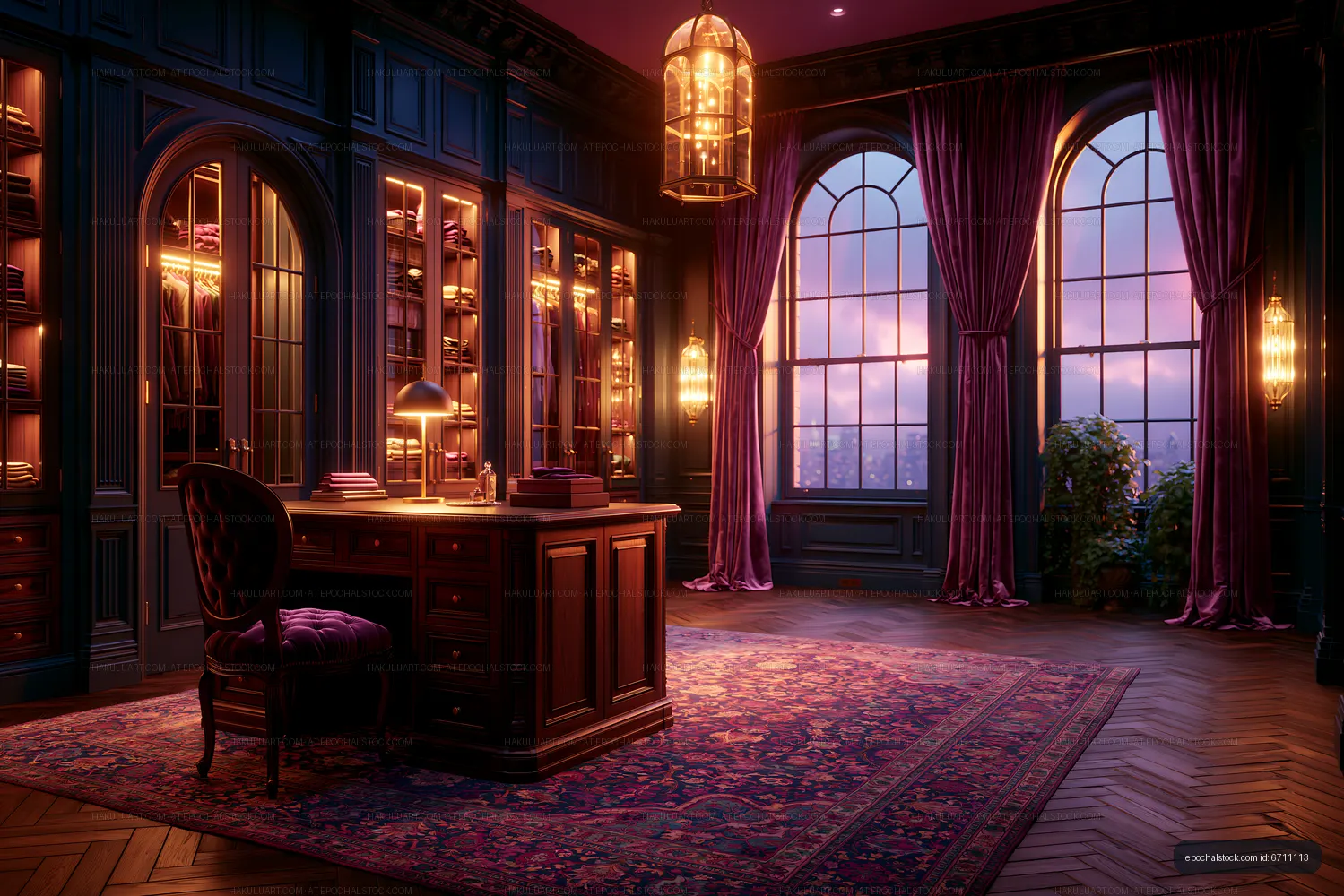 Moody elegant dressing room with warm pendant lighting