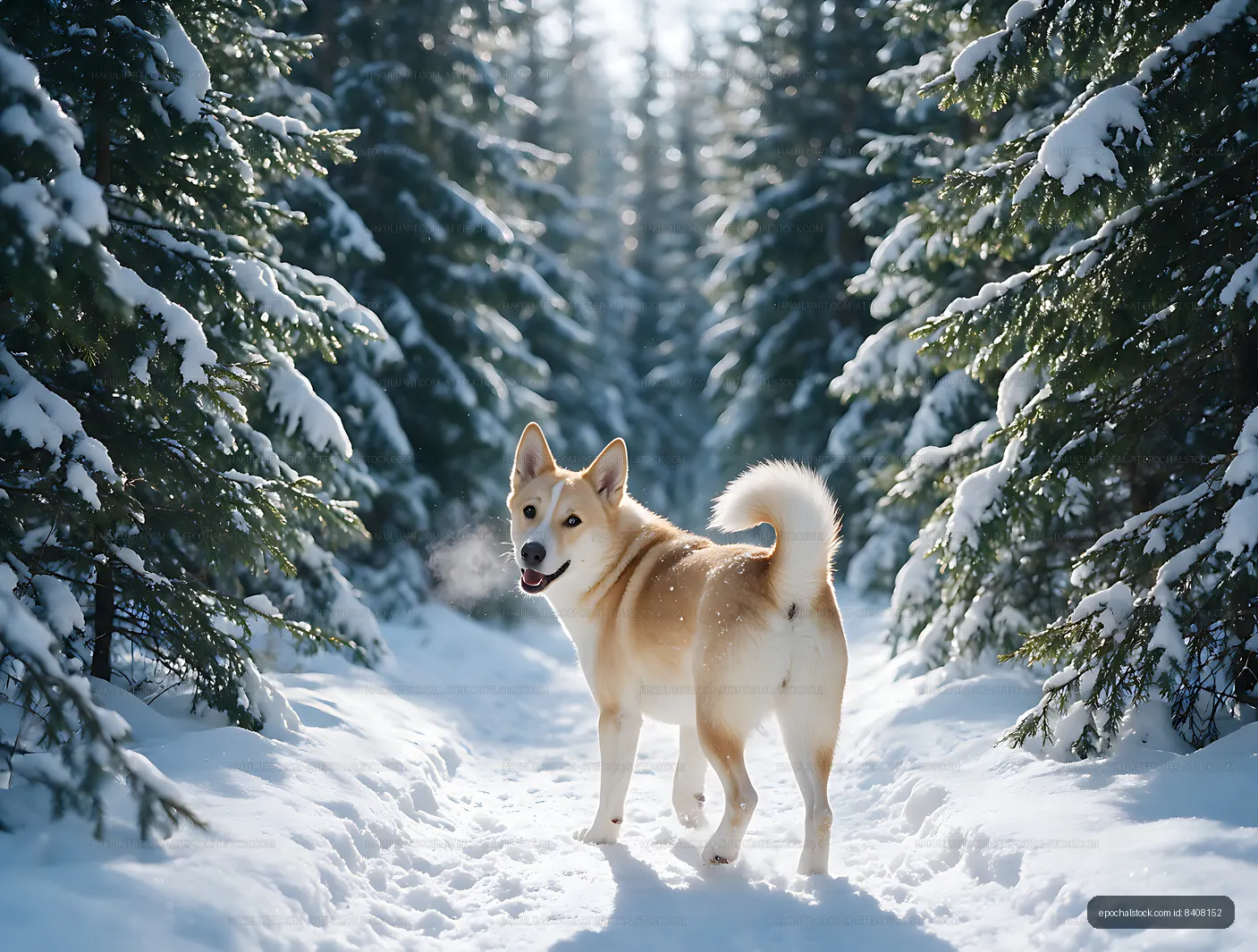 Dog on snow-covered trail among evergreens