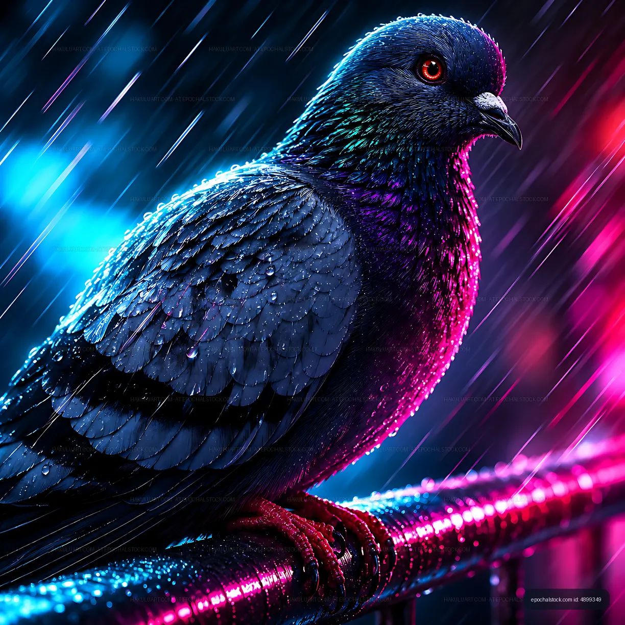 Pigeon standing on railing in rainy urban setting at night