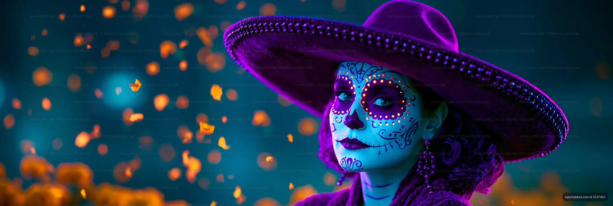 Colorful portrait with skull-inspired makeup and sombrero