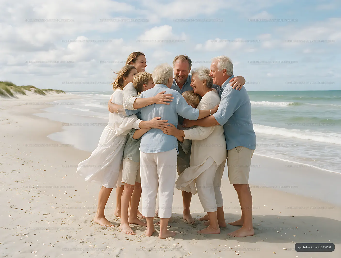 Large family embracing together on a beach shoreline
