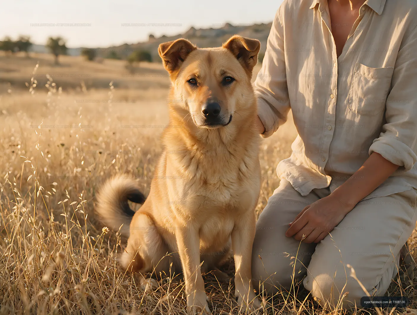 Dog and seated owner in a dry grassy landscape