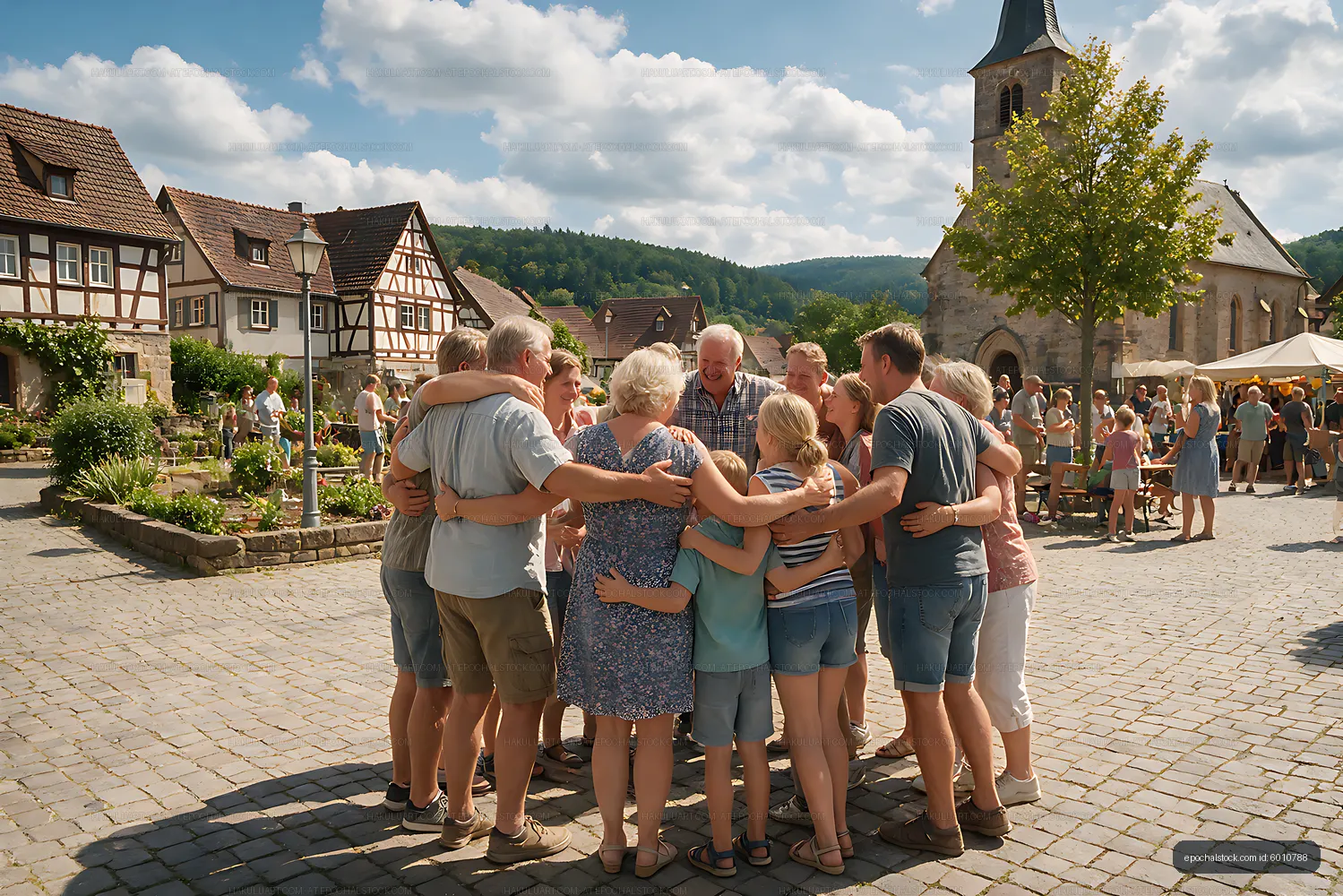 Family reunion embrace in a historic European-style village