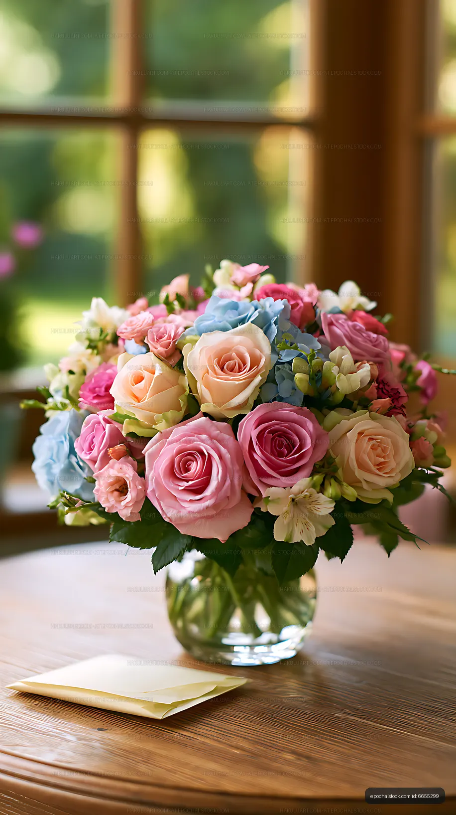 Pastel roses and mixed flowers in a vase by a window