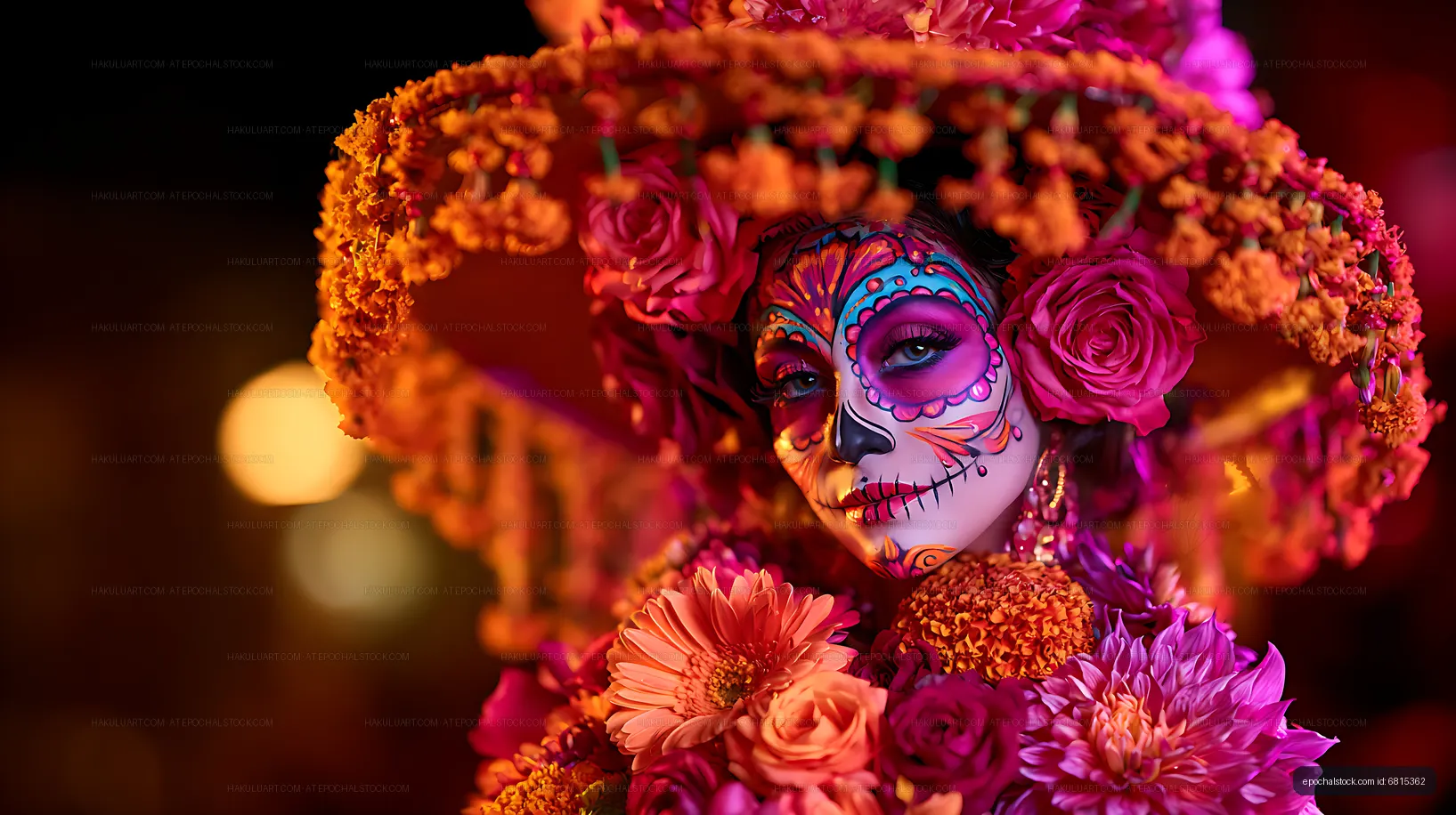 Colorful sugar skull makeup surrounded by flowers