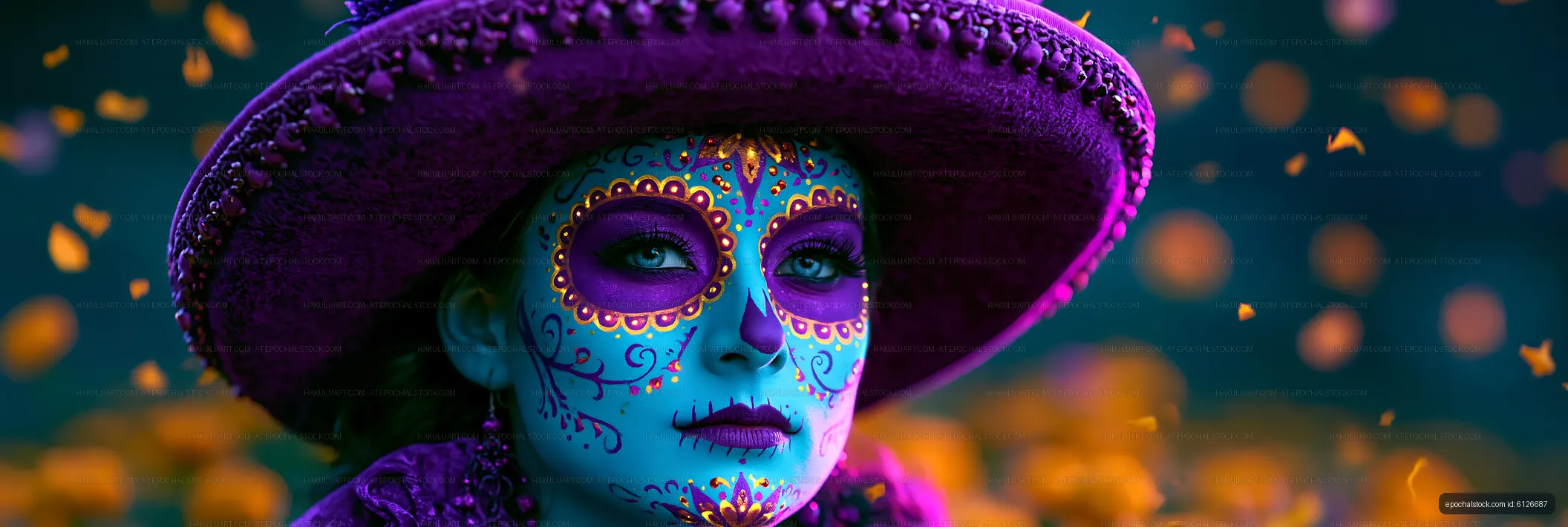 Ornate colorful face paint and purple hat portrait