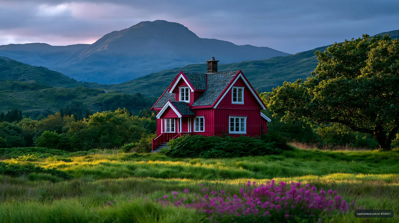 Red countryside cottage beneath dramatic mountain slopes
