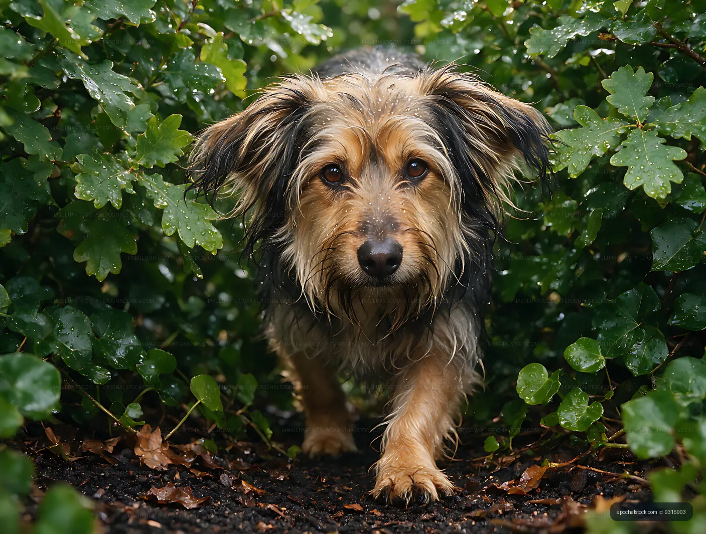 Shaggy long-haired dog in rainy forest foliage