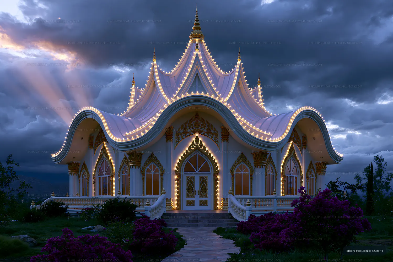 Ornate temple glowing beneath stormy twilight clouds