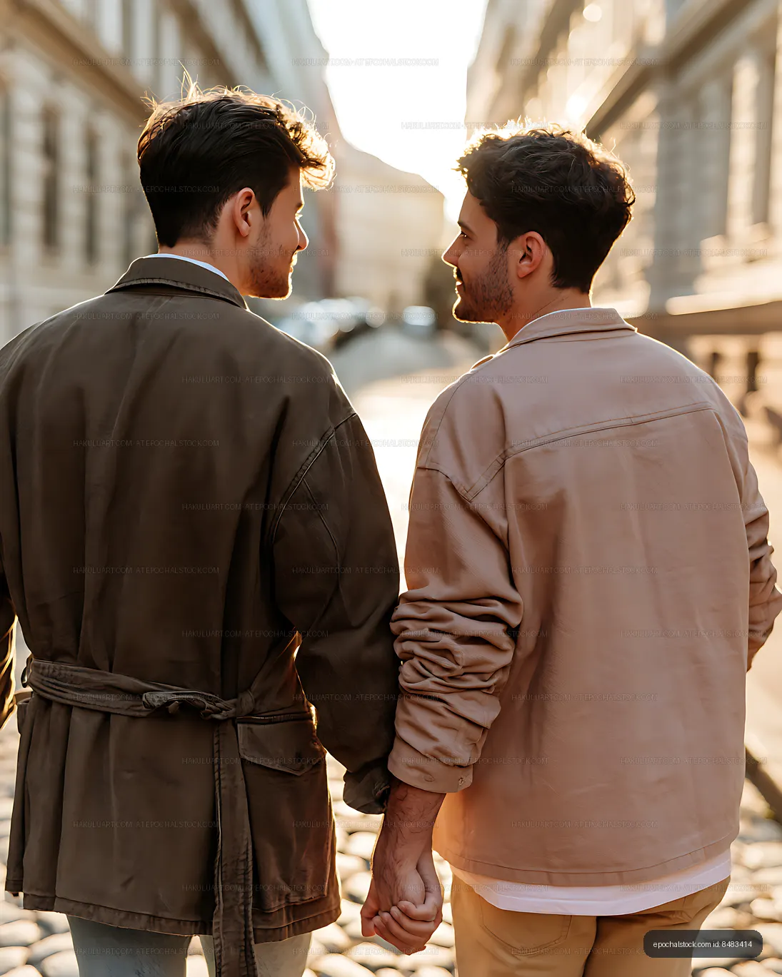 Two men holding hands while walking through the city