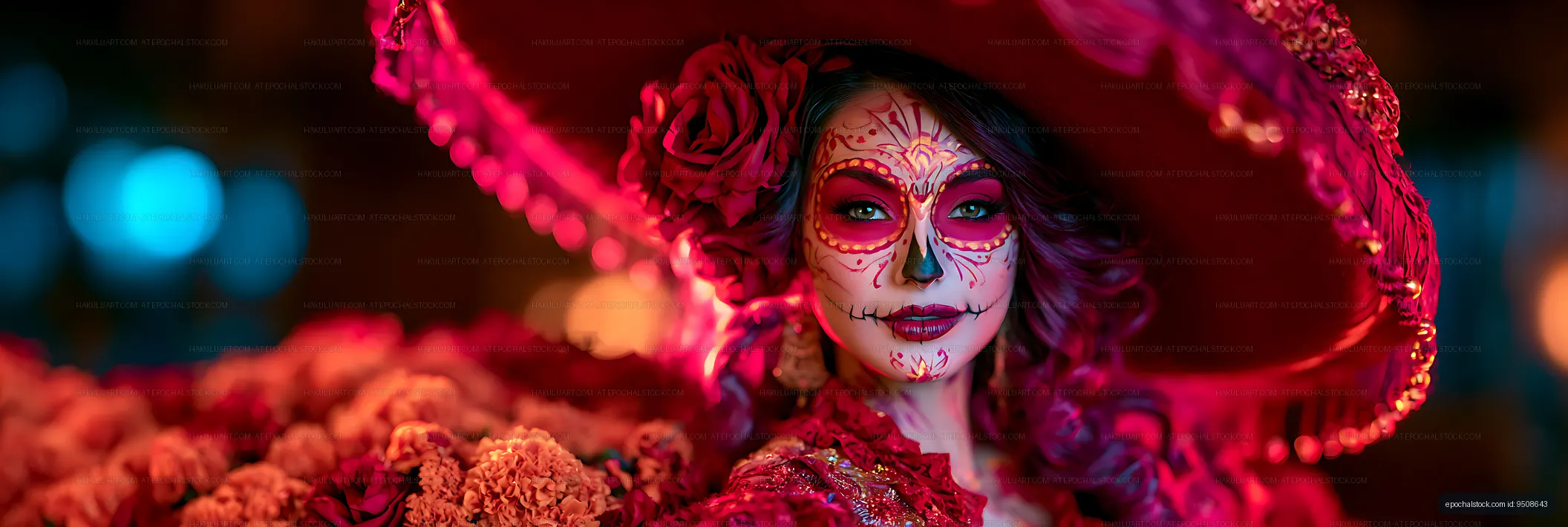 Woman in skull face paint surrounded by red flowers