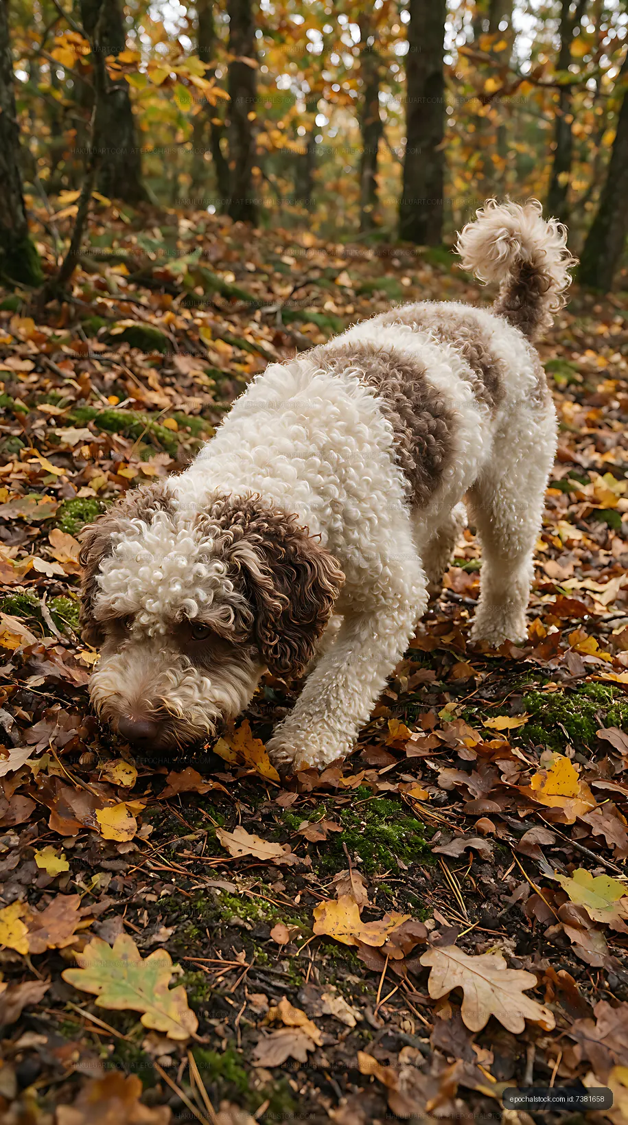 Brown and white curly-coated dog in autumn woods