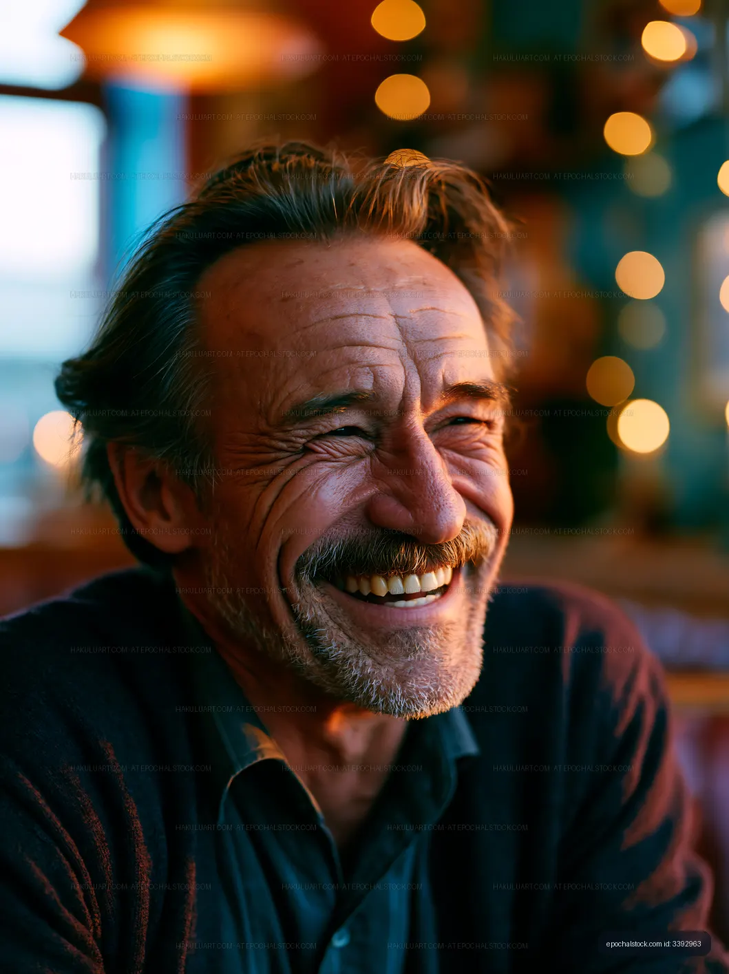 Man smiling in a cozy cafe with warm lights in the background