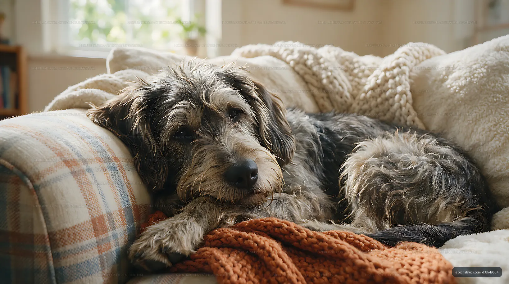 Long-haired dog relaxing among blankets at home