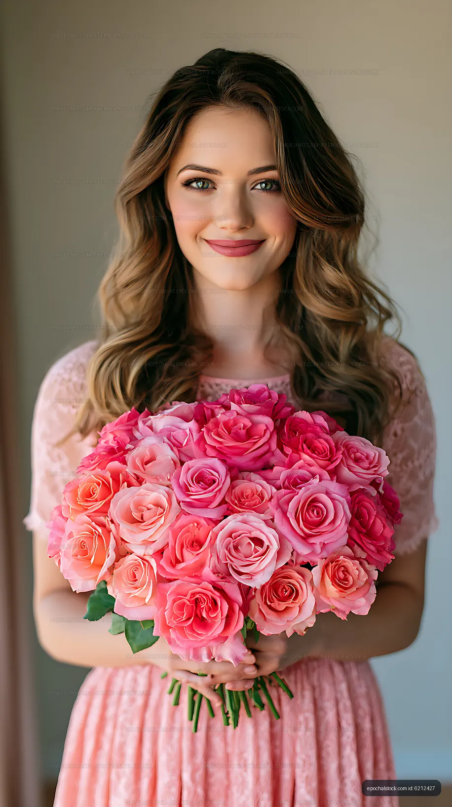 Woman smiling while holding pink roses